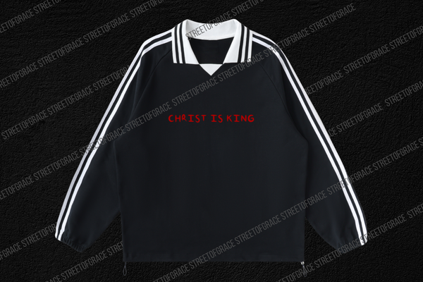 STREETOFGRACE - “CHRIST IS KING” Striped Lapel Collar Sweatshirt