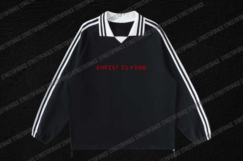 STREETOFGRACE - “CHRIST IS KING” Striped Lapel Collar Sweatshirt